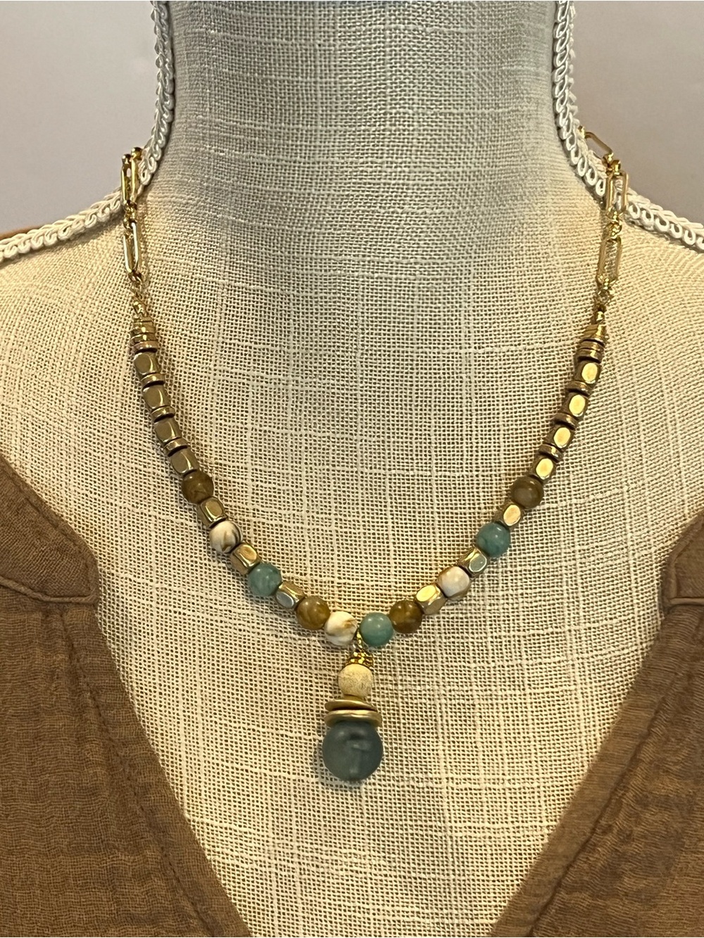 Gold Beaded Necklace with Glass Pendant - Women Jewelry